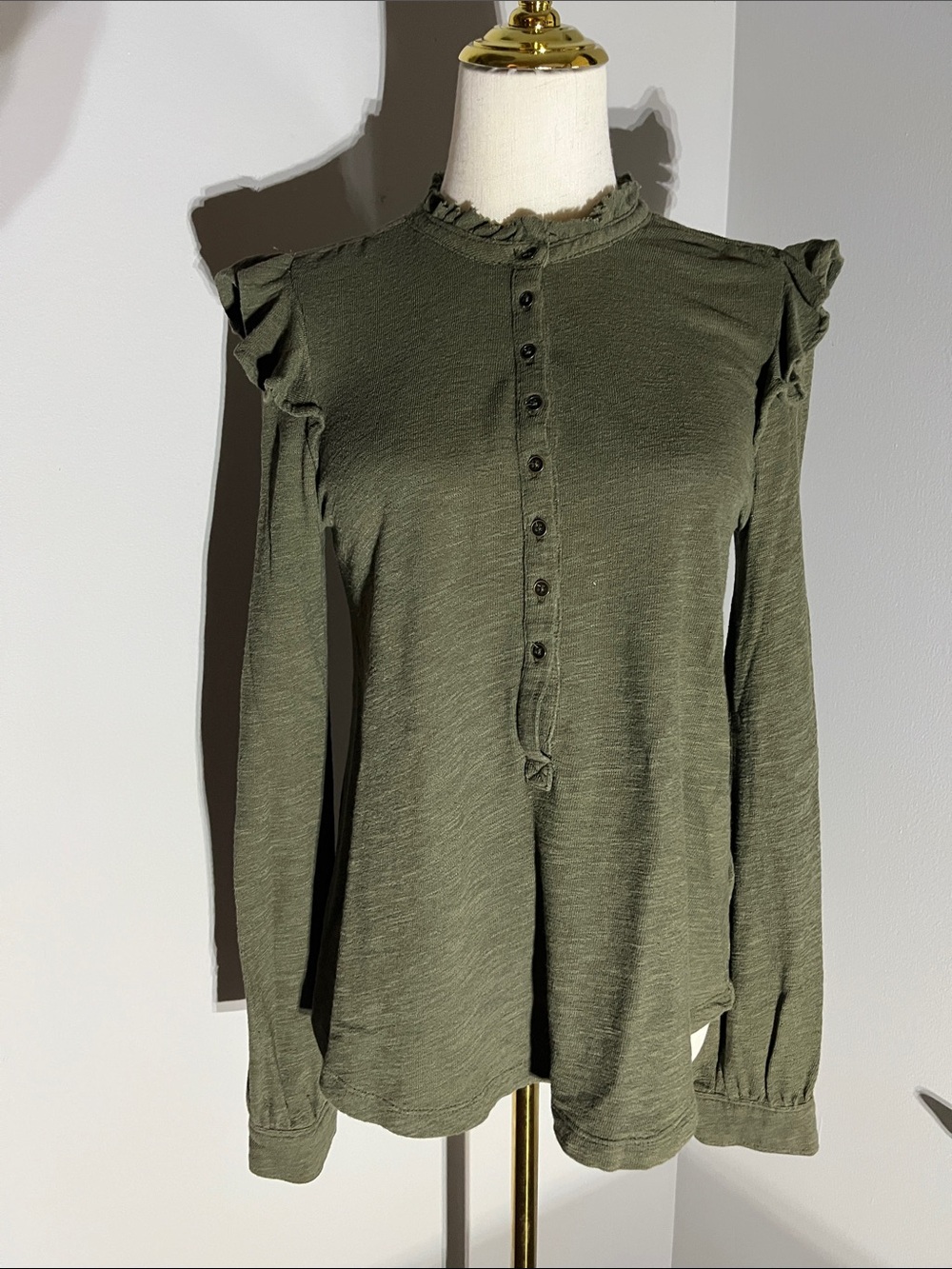 Pilcro Olive Ruffle Henley Long Sleeve Top - Size S
